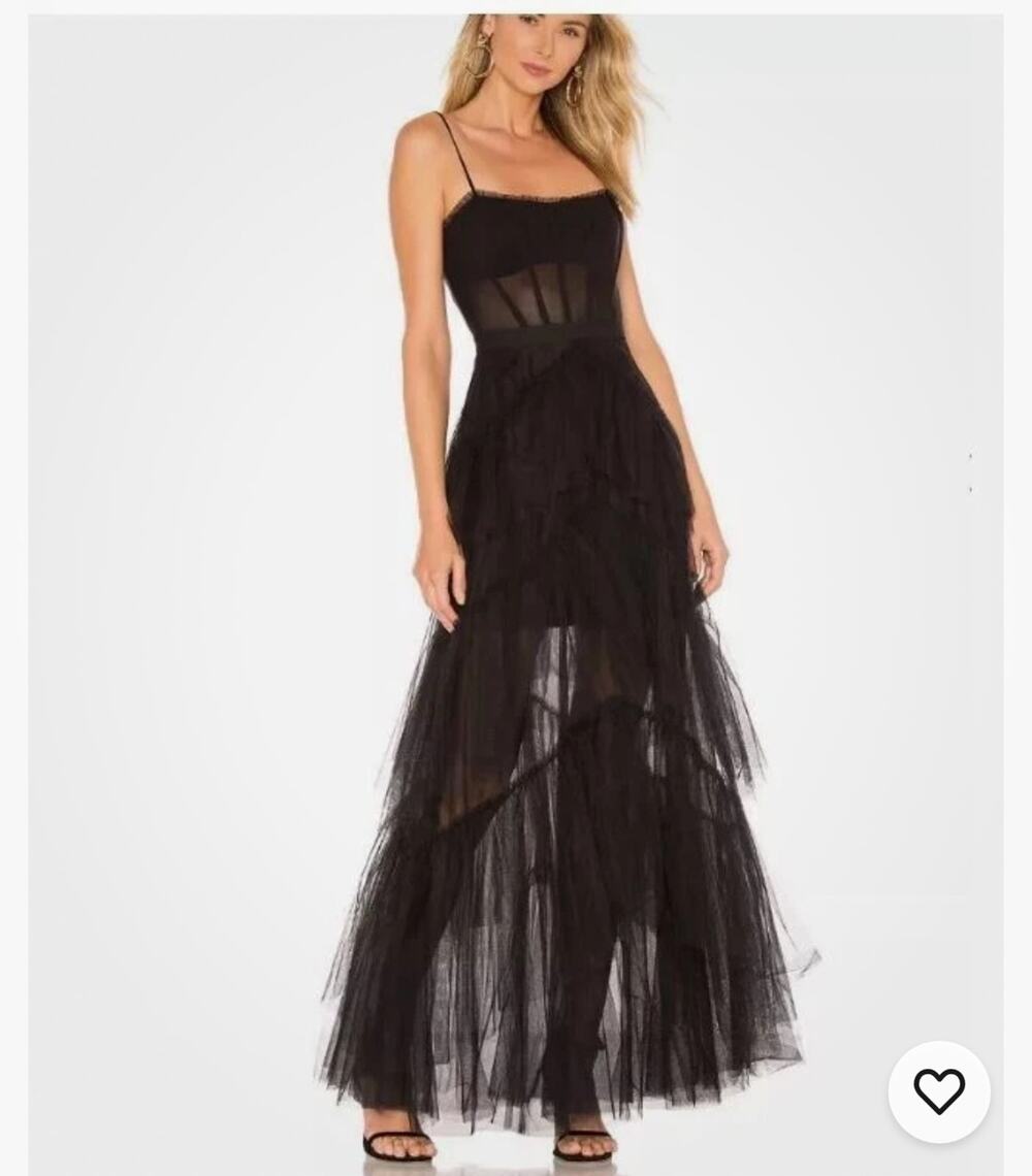 BCBGMAXAZRIA  Black Strapless Tiered Tulle Maxi Gown Size 0 MSRP $498 Formal